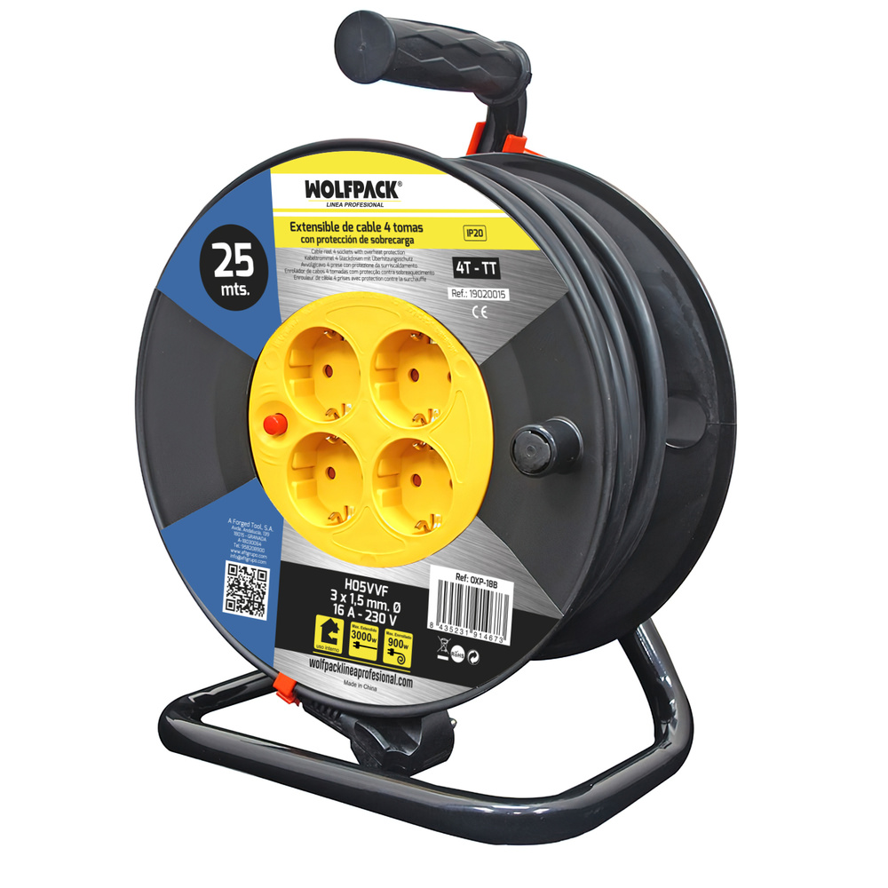 [19020015] Extensible Industrial 4 Tomas 25 Metros 3 x 1,5 mm. con Protección Sobrecarga