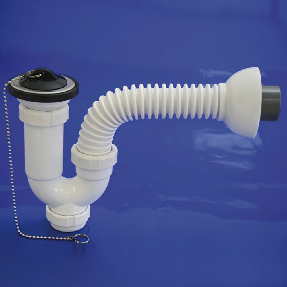 [4110450] Sifon Curvo Extensible T-32-F Multiorientable  1 1/2, con Válvula y Tapón.