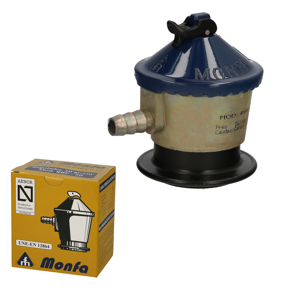 [5050302] Regulador Gas Butano Monfa (50 Grms./cm2) Alcachofa Gas, Regulador Gas Butano. Presión 50 mbar. Caudal 2,5 Kg/hora