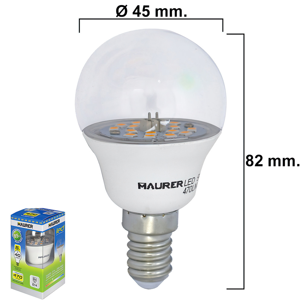 [19070818] Bombilla Led Esferica Transparente Rosca E14 5 W. 40 W. 470 lúmenes. Luz calida. (3000°K).