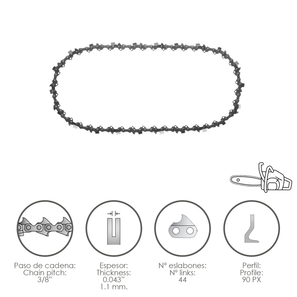 [8062500] Cadena Motosierra 3/8" / 0.043" 1,1 mm. / 44 Eslabones / 90 PX