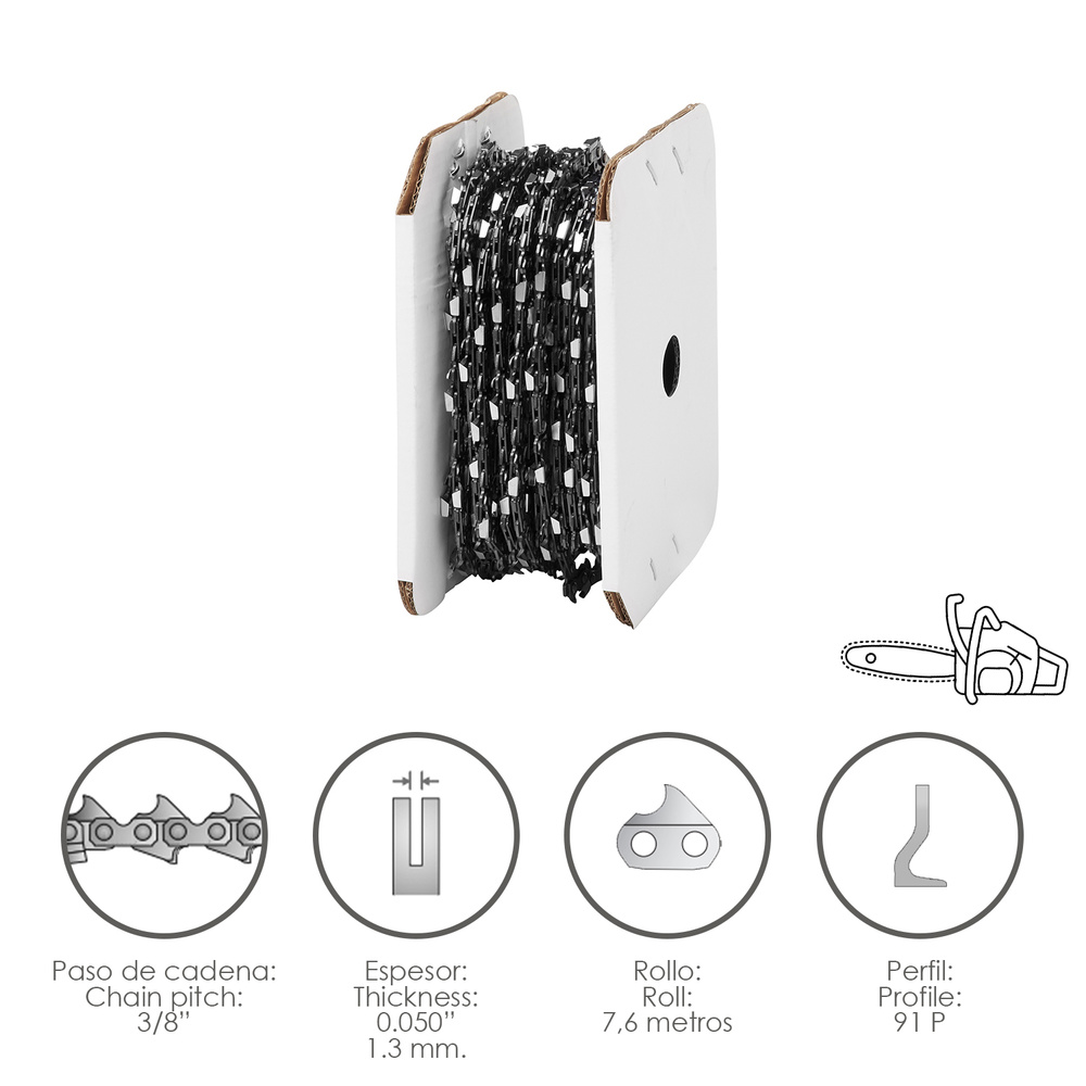 [8062525] Cadena Motosierra 3/8" / 0.050" 1,3 mm. / 91 P / Rollo 7,6 metros.