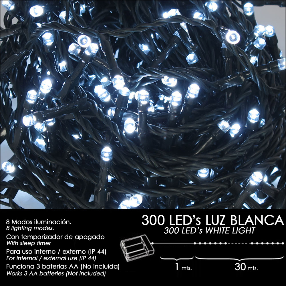[5490095] Luces Navidad A Pilas 300 Leds Luz Blanca Interior / Exterior (IP44)