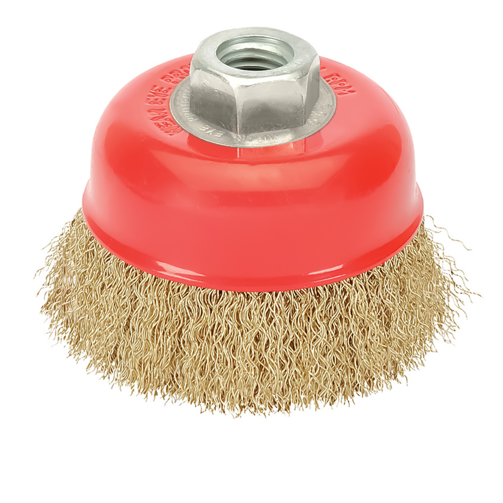 [9101010] Cepillo Taza Con Alambre De Acero Latonado Rosca M14, Ø 120 mm. Alambre de Ø 0,30 mm.