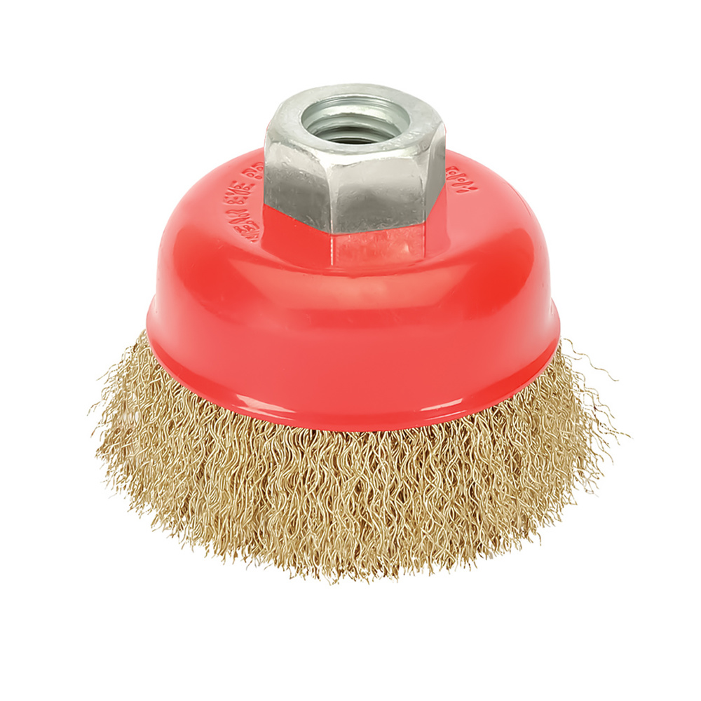 [9101005] Cepillo Taza Con Alambre De Acero Latonado Rosca M14, Ø 100 mm. Alambre de Ø 0,30 mm.