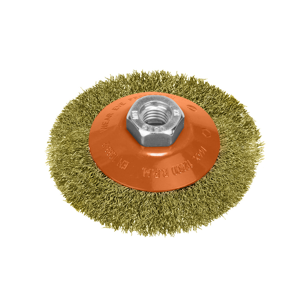 [9101025] Cepillo Oblicuo Con Alambre De Acero Latonado Rosca M14, Ø 100 mm. Alambre de Ø 0,30 mm.