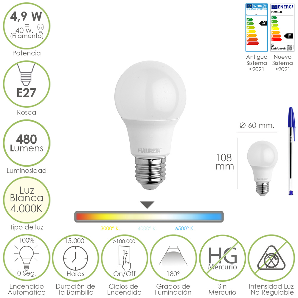 [19073045] Bombilla Led Estandar Rosca E27. 4.9 Watt. Equivale A 40 Watt. 480 Lumenes. Luz Blanca (4000º K.)