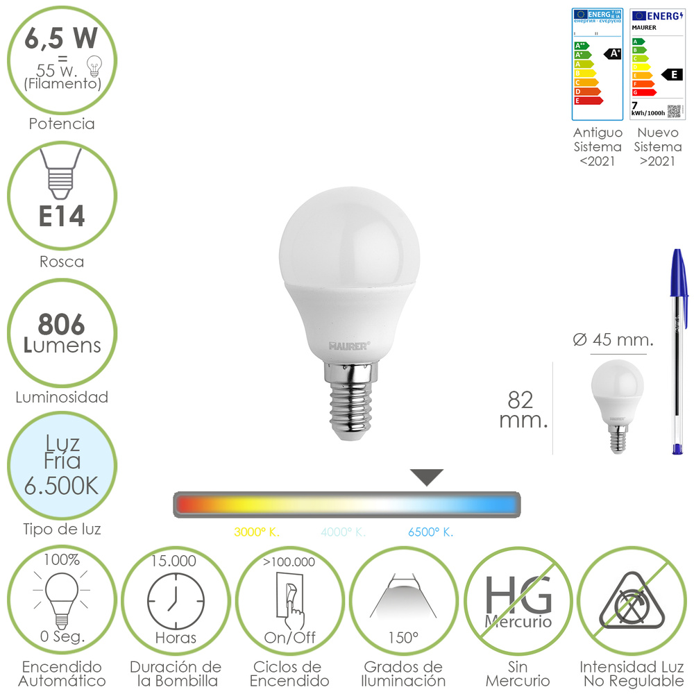 Bombilla Led Esfera Rosca E14. 6.5 Watt. Equivale A 55 Watt. 806 Lumenes. Luz Fría 6500º K.