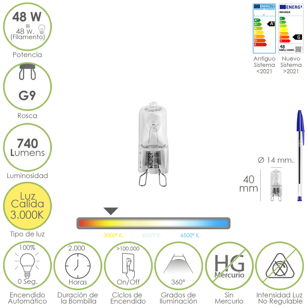 Bombilla Halogena G-9. 48 W. 460 lumenes. Luz cálida (3.000º K)