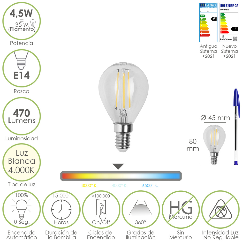 Bombilla Led Filamento Esfera Rosca E14. 4,5 Watt. Equivale A 35 Watt. 470 Lumenes. Luz Neutra 4000º K.