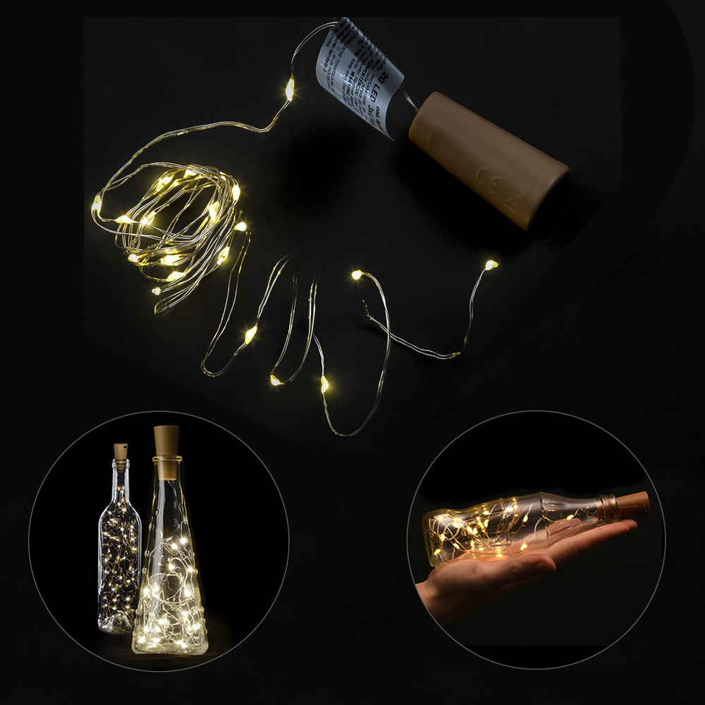 [5490405] Luces Navidad Guirnalda Led con Tapon 20 Microled Blanco Calido IP20. A Pilas 3 LR44 (Si Incluidas)