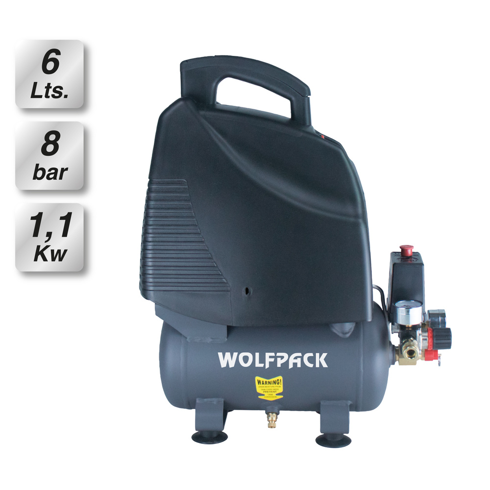 [17020072] Compresor Aire Wolfpack 6 Litros / 8 Bares / 1,1 Kw - 1,5 HP  Sin Aceite