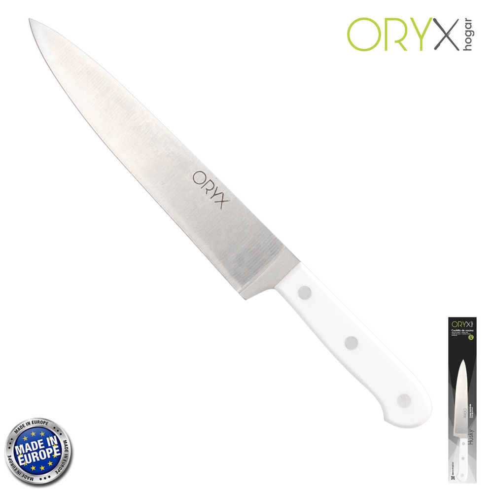 [5800815] Cuchillo Husky Cocina 20 cm. Hoja Acero Inoxidable, Cuchillo Carne, Cuchillo Pescado, Cuchillo Chef, Mango Ergonomico Blanco