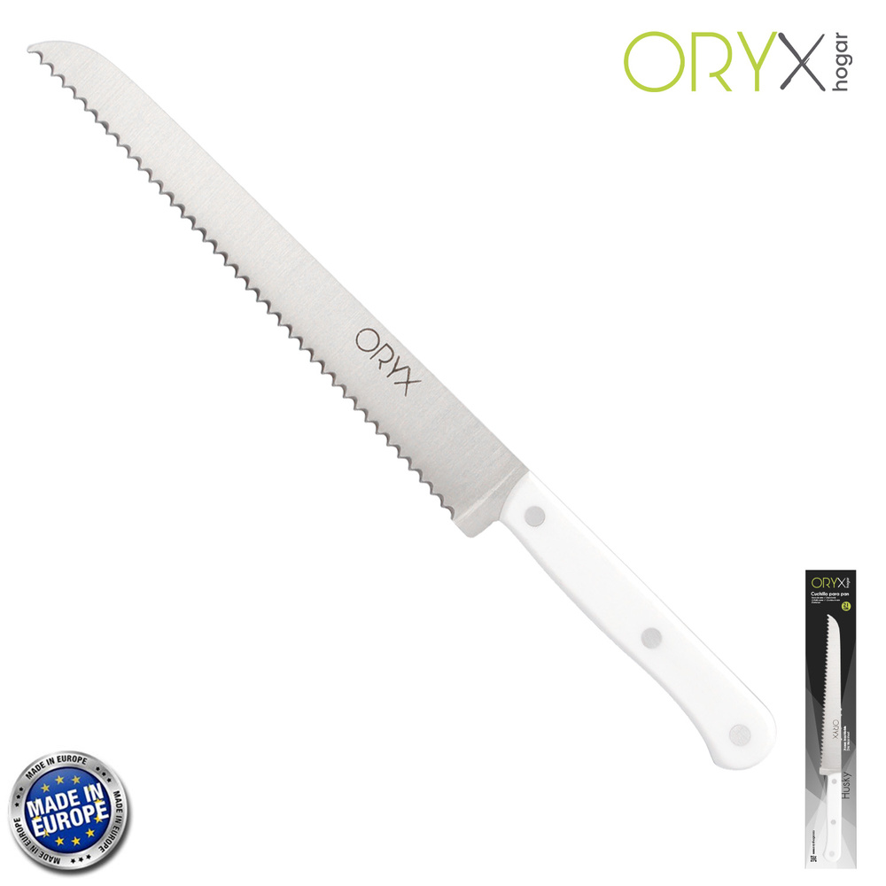 [5800840] Cuchillo Husky Panero 21 cm. Hoja Acero Inoxidable, Cuchillo Pan , Cuchillo Cortar Pan Mango Ergonomico Blanco