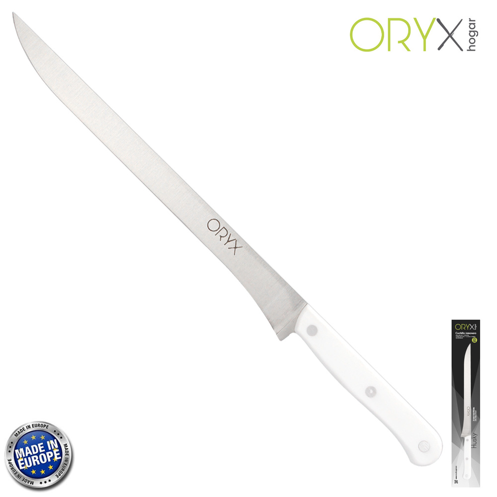 [5800850] Cuchillo Husky Jamonero 25 cm. Hoja Acero Inoxidable, Cuchillo Jamon, Cuchillo Cortar Jamon Mango Ergonomico Blanco
