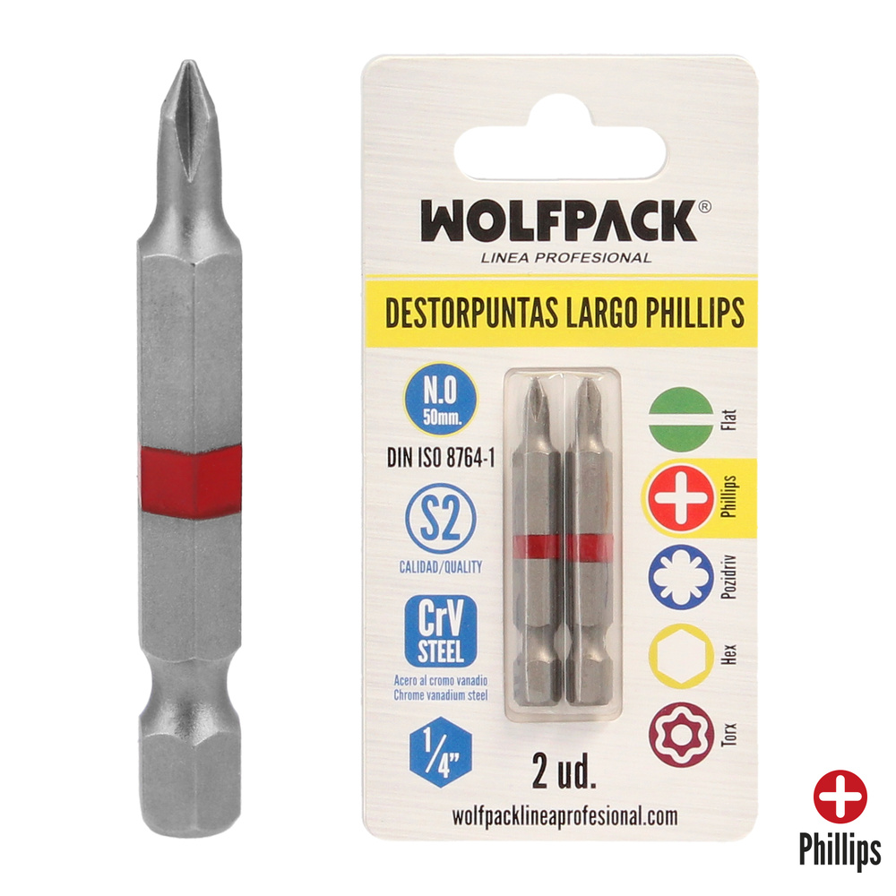 [2511615] Puntas Largas Destornillador Phillips Nº 0 (2 Piezas). Acero S2 al Cromo Vanadio. Puntas Hexagonales, Destorpuntas,