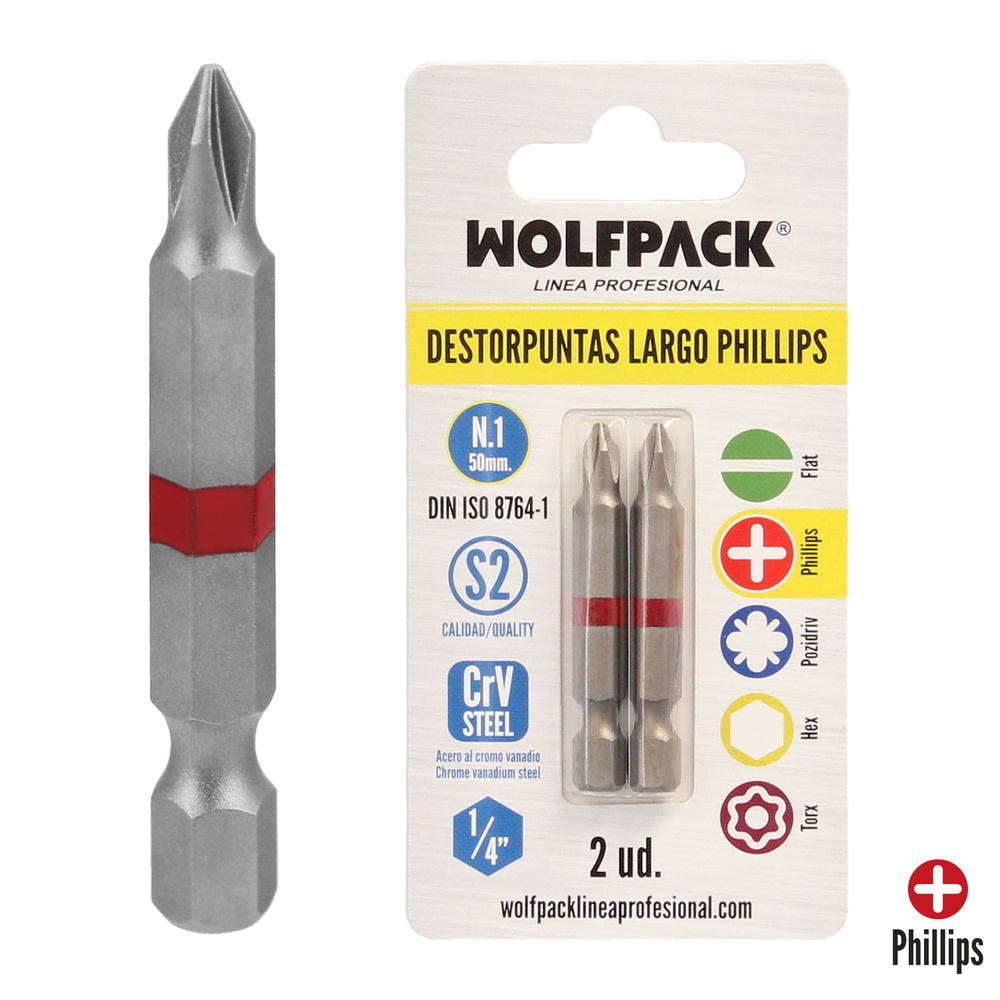 [2511620] Puntas Largas Destornillador Phillips Nº 1 (2 Piezas). Acero S2 al Cromo Vanadio. Puntas Hexagonales, Destorpuntas,