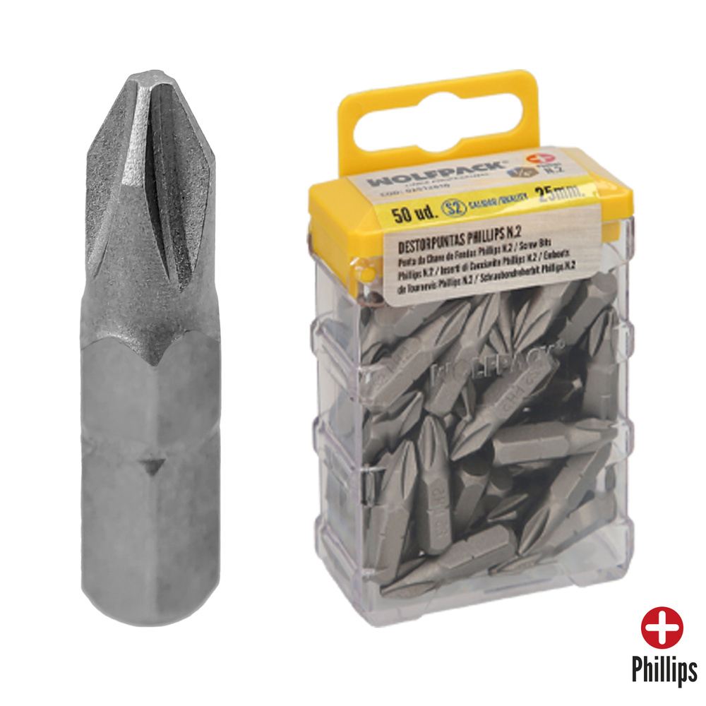 [2512010] Puntas Destornillador Phillips Nº 2 (50 Piezas). Acero S2 al Cromo Vanadio. Puntas Hexagonales, Destorpuntas,
