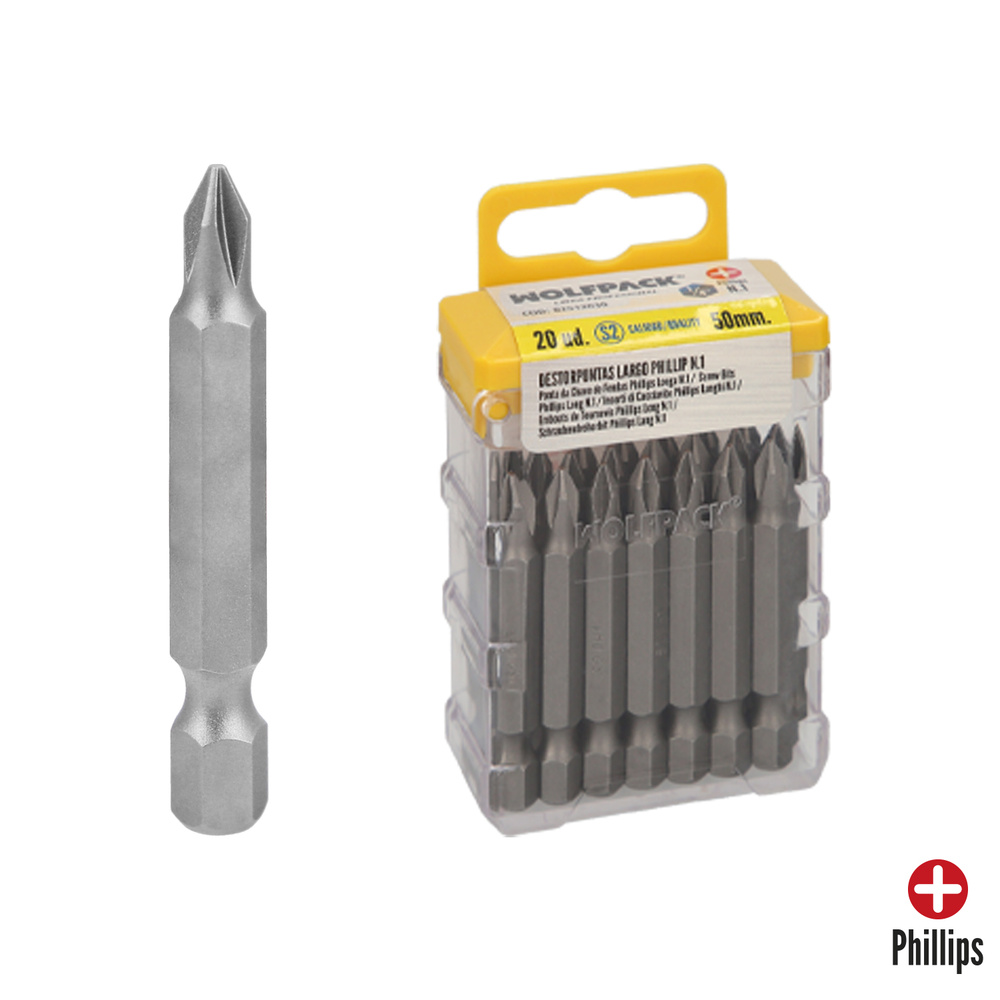 [2512030] Puntas Largas Destornillador Phillips Nº 1 (20 Piezas). Acero S2 al Cromo Vanadio. Puntas Hexagonales, Destorpuntas,