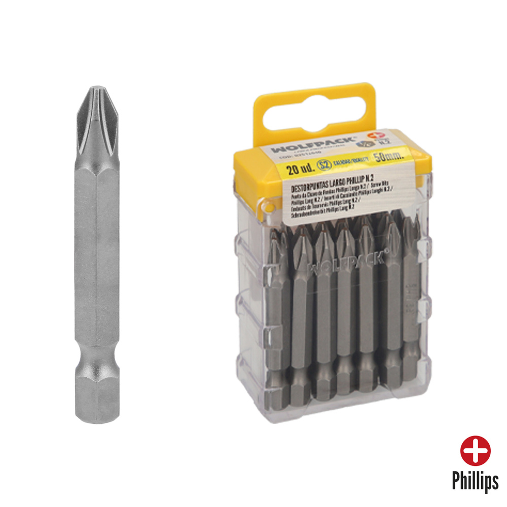 [2512040] Puntas Largas Destornillador Phillips Nº 2 (20 Piezas). Acero S2 al Cromo Vanadio. Puntas Hexagonales, Destorpuntas,