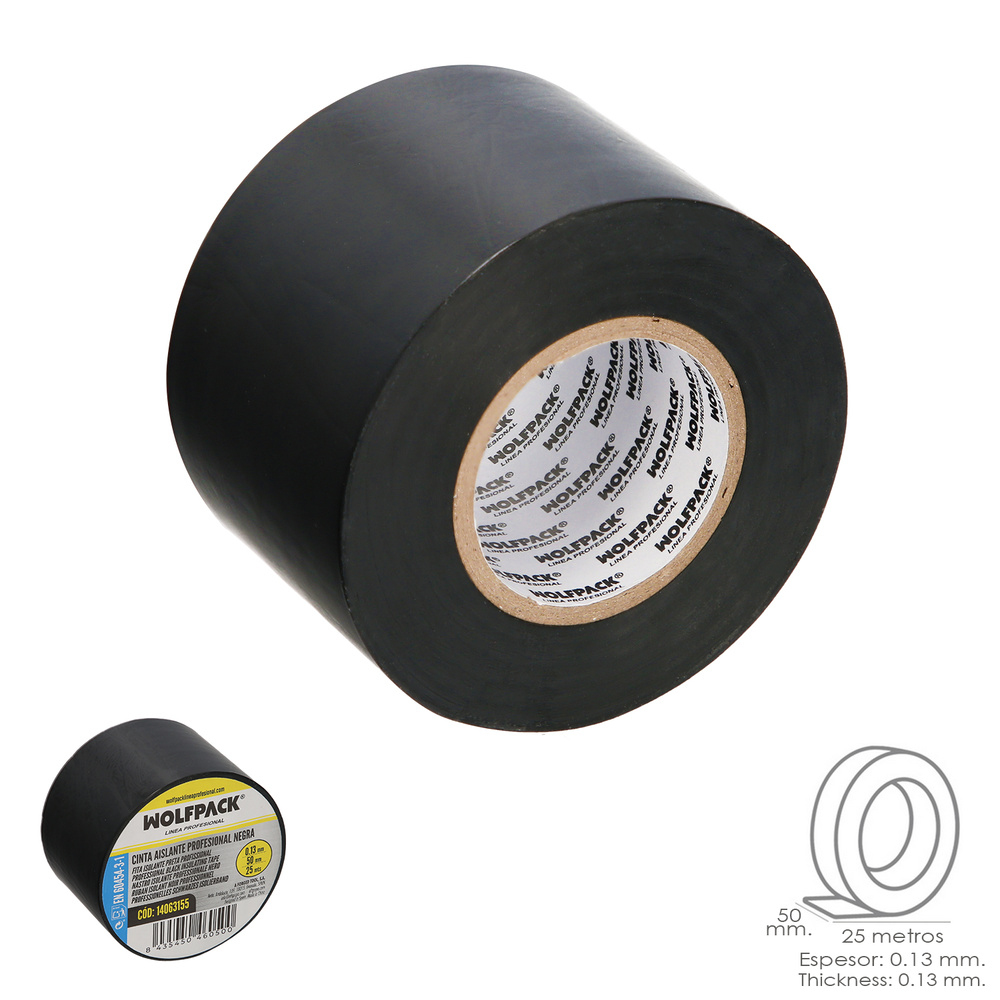 [14063155] Cinta Aislante Profesional Negra Espesor 0.13 mm. Ancho 50 mm. Rollo 25 Metros Cinta Electricista, Cinta Aislante Cables
