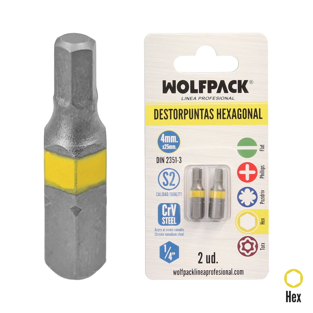 [2511725] Puntas Destornillador Hexagonal 4,0 mm. (2 Piezas). Acero S2 al Cromo Vanadio. Puntas Hexagonales, Destorpuntas,