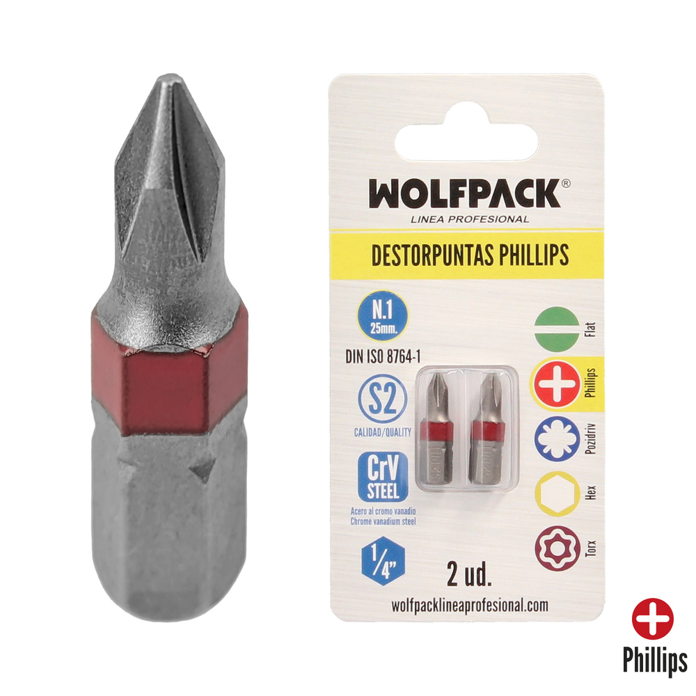 [2511600] Puntas Largas Destornillador Phillips Nº 1 (2 Piezas). Acero S2 al Cromo Vanadio. Puntas Hexagonales, Destorpuntas,