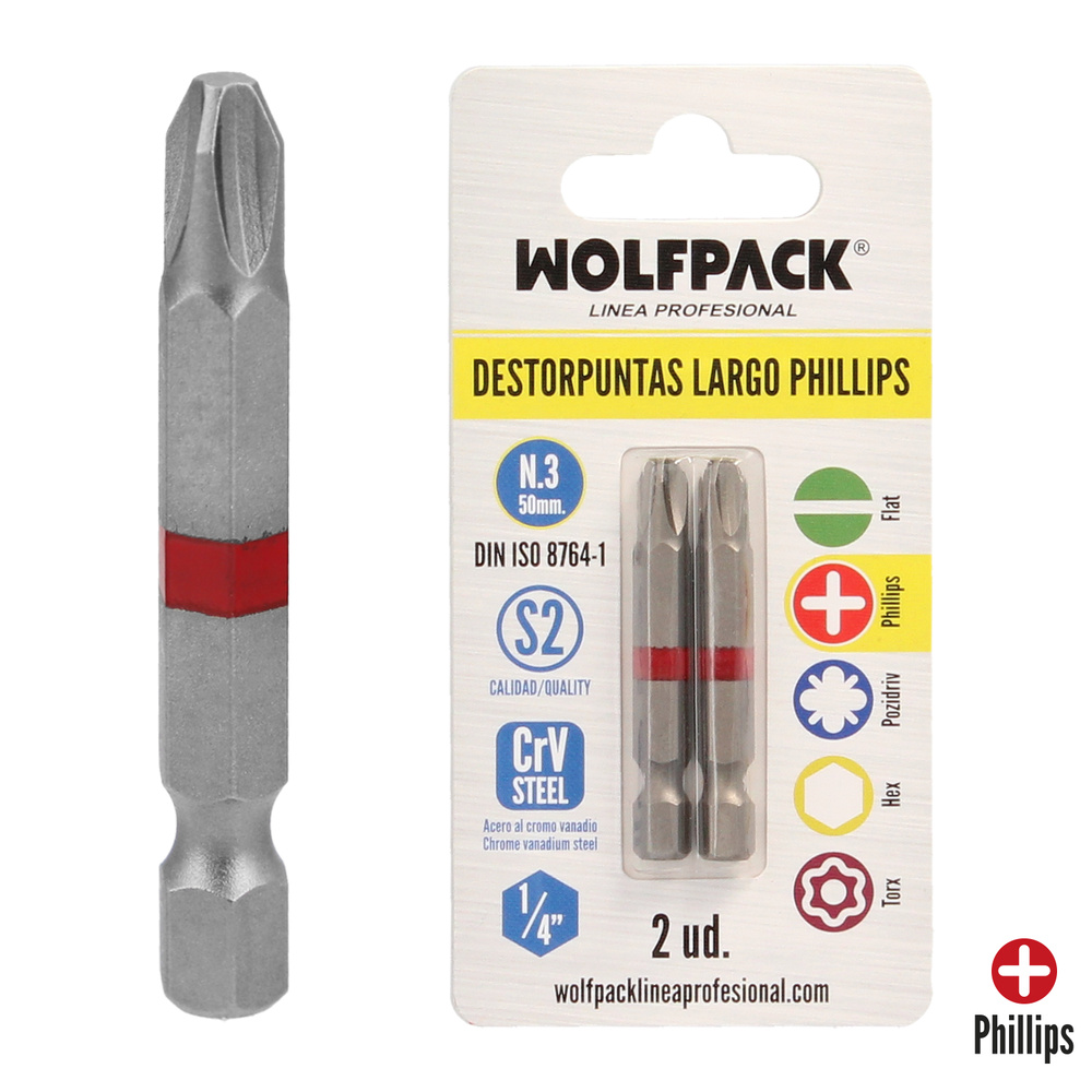 [2511630] Puntas Largas Destornillador Phillips Nº 3 (2 Piezas). Acero S2 al Cromo Vanadio. Puntas Hexagonales, Destorpuntas,