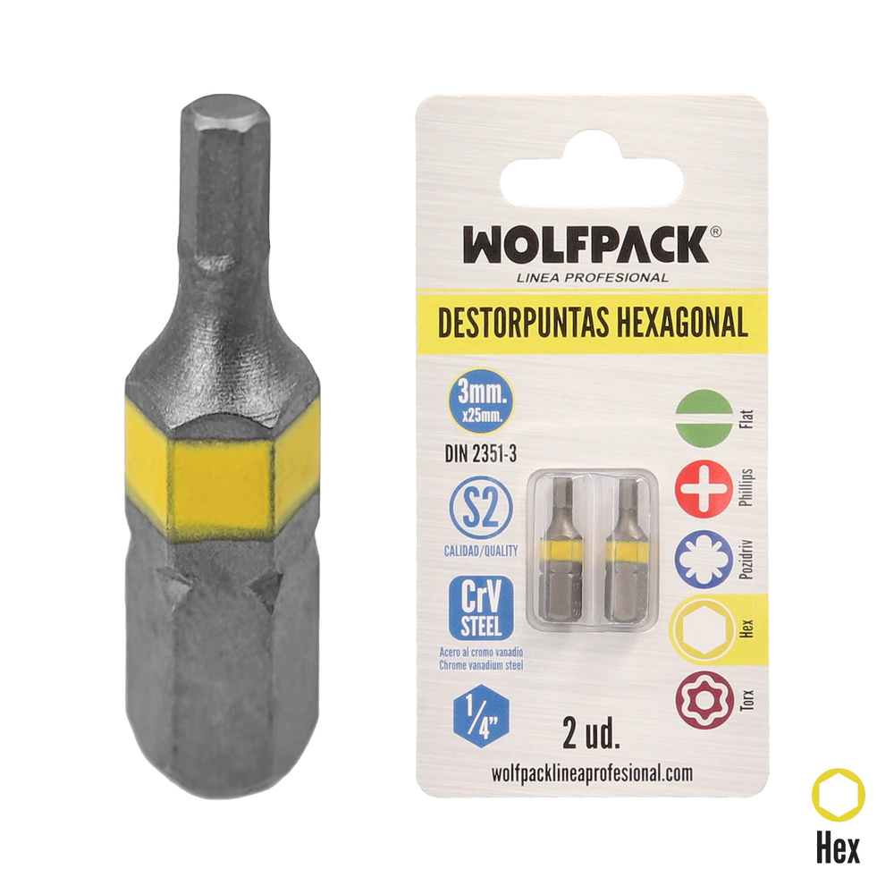 [2511720] Puntas Destornillador Hexagonal 3,0 mm. (2 Piezas). Acero S2 al Cromo Vanadio. Puntas Hexagonales, Destorpuntas,