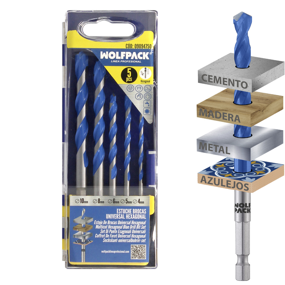 [9094750] Estuche 5 Brocas Universal Hexagonal  Ø 4 / 5 / 6 / 8 10 mm. Broca Azulejos, Cerámica, Mármol, Hormigón, Metal, Madera, Plástico