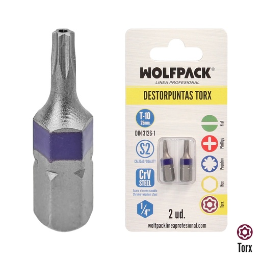 [2511675] Puntas Destornillador Torx 10 Inviolable (2 Piezas). Acero S2 al Cromo Vanadio. Puntas Hexagonales, Destorpuntas,