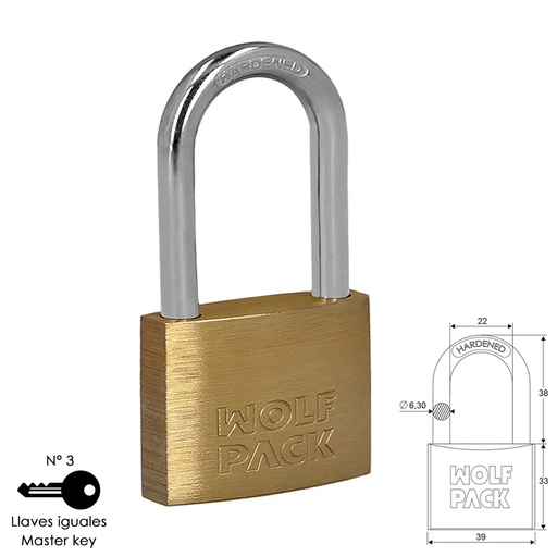 [3101200] Candado Laton Arco Largo Llaves Iguales 40 mm. Nº3