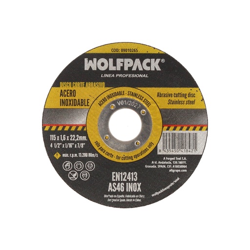 [9010265] Disco Corte Abrasivo Acero Inoxidable Ø 115x Ø 22,2 mm Espesor 1,6 mm. Disco Radial / Amoladora Universal