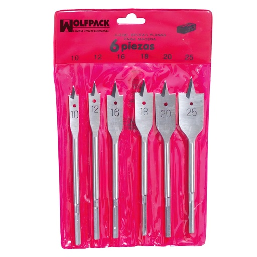 [9060083] Juego Brocas Planas Madera 3 Puntas Wolfpack 6 Piezas