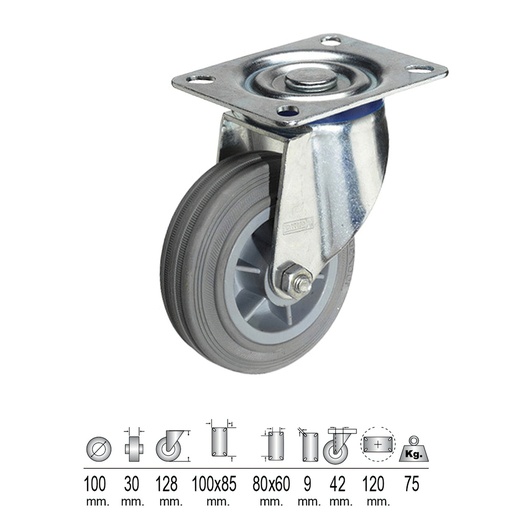 [11110001] Rueda Industrial Goma Gris Placa 100 mm.