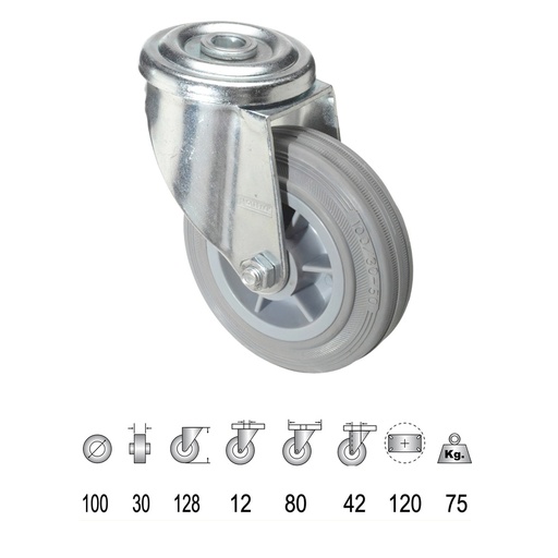 [11110002] Rueda Industrial Goma Gris Pasante 100 mm.