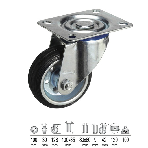 [11110021] Rueda Industrial Goma Negra Placa  100 mm.