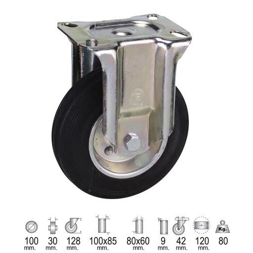 [11110022] Rueda Industrial Goma Negra Fija 100 mm.