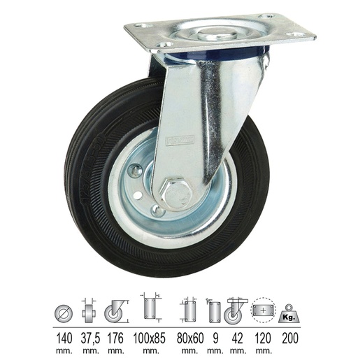 [11110025] Rueda Industrial Goma Negra Placa  Ø 140 mm.