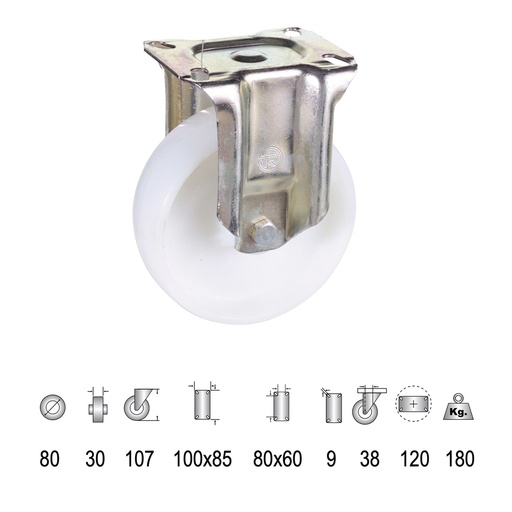 [11110028] Rueda Industrial Nylon Placa Fija   80 mm.
