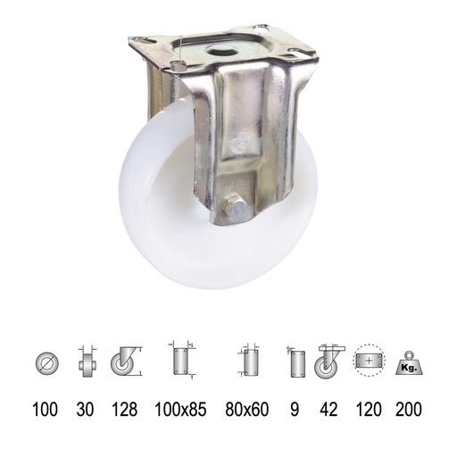 [11110030] Rueda Industrial Nylon Placa Fija 100 mm.