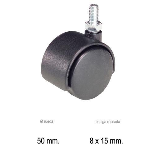 [11111025] Rueda Domestica Nylon Negro Espiga M10x50 mm.