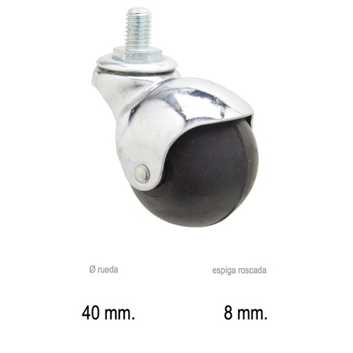 [11111050] Rueda Domestica Goma Negra Esfera Espiga M8x40 mm.