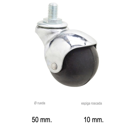 [11111055] Rueda Domestica Goma Negra Esfera Espiga M10x50 mm.