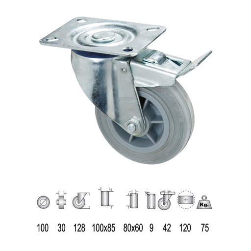[11112001] Rueda Industrial Goma Gris Placa con freno 100 mm.