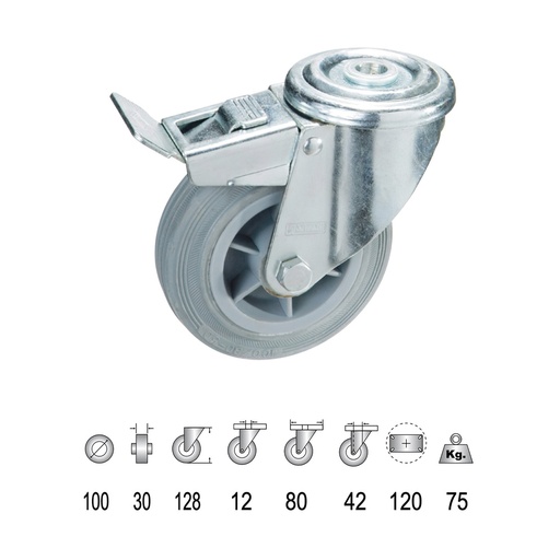 [11112002] Rueda Industrial Goma Gris Pasante con freno100 mm.