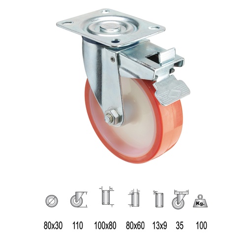 [11112340] Rueda Industrial Poliuretano Placa con freno   80 mm.