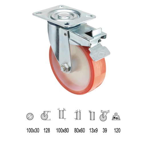 [11112350] Rueda Industrial Poliuretano Placa con freno 100 mm.