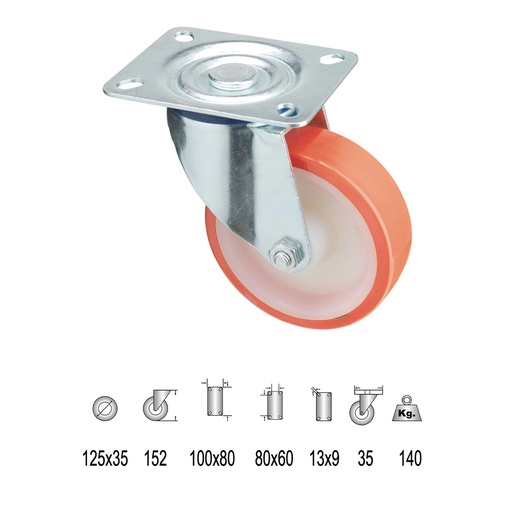 [11112312] Rueda Industrial Poliuretano Placa 125 mm.