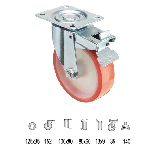 [11112352] Rueda Industrial Poliuretano Placa con freno 125 mm.